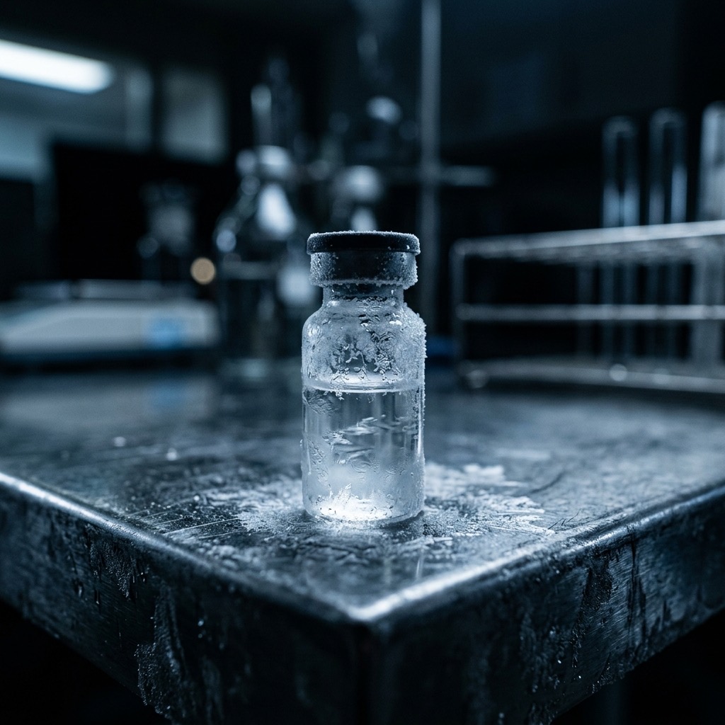 A glass vial of reconstituted peptides covered in frost and ice crystals