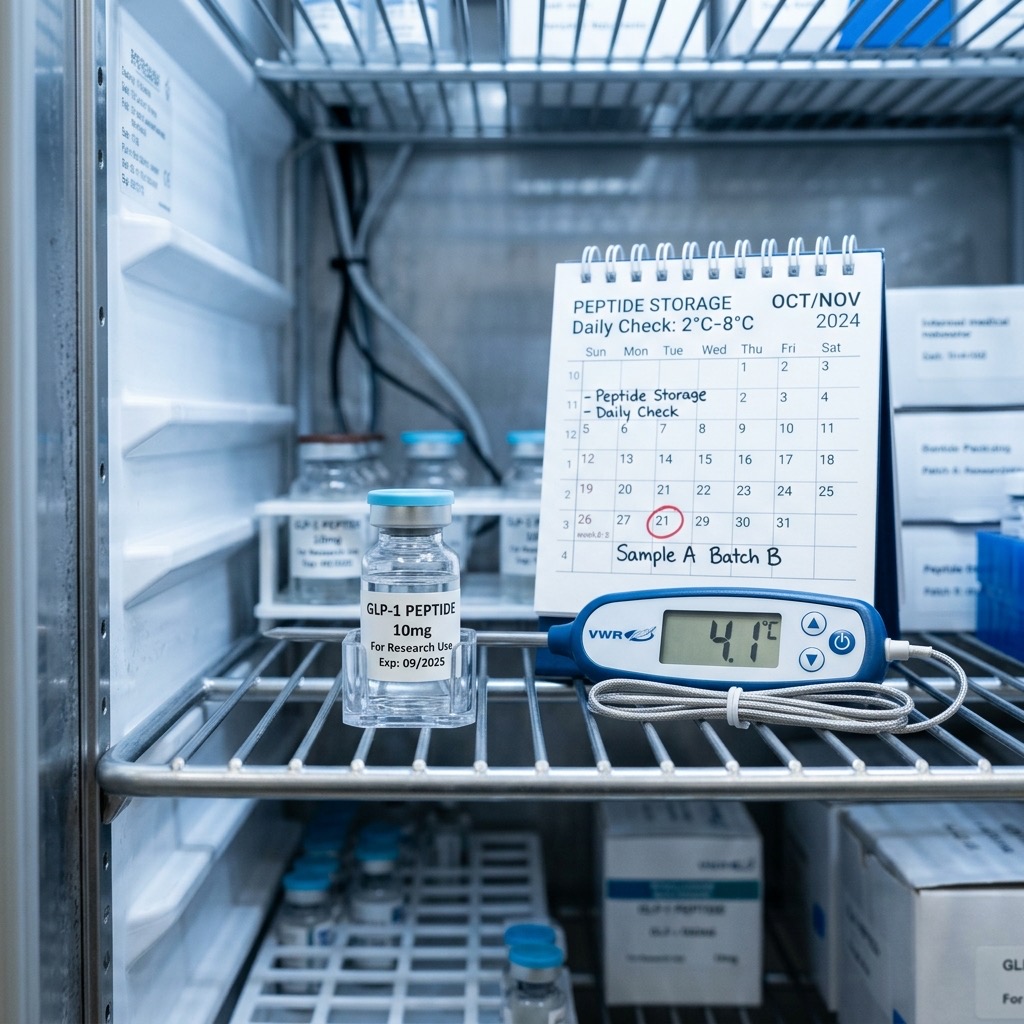 Peptide vial stored in a medical refrigerator next to a calendar and thermometer
